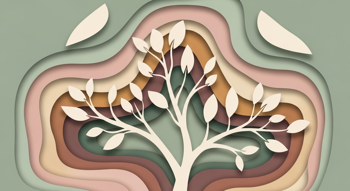Layered illustration of leaves and growth, representing thoughts, feelings, and recovery