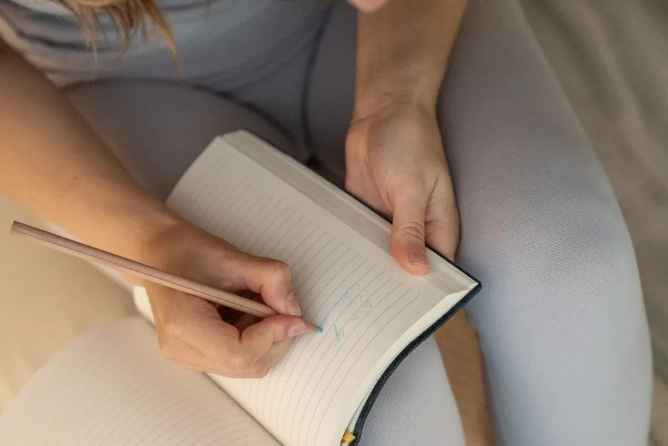 Illustrative photo of a person handwriting in a lined notebook, representing the kind of worksheet writing exercises in this library